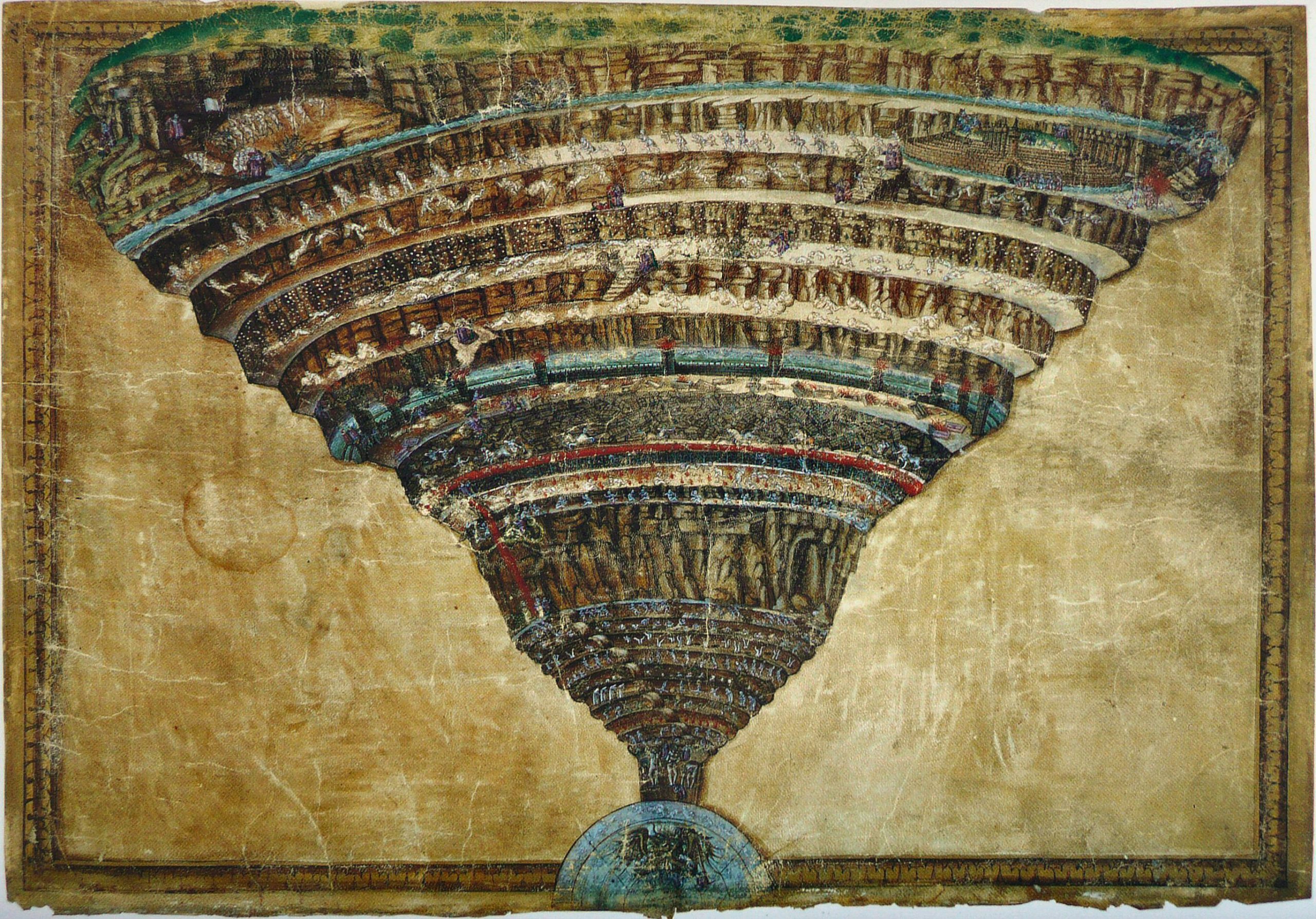 Botticellis dynamische Darstellung der Hölle nach Dante zeigt ein Ganzes und eine Bewegung, die immer tiefer hinabsteigt bis zu ihrem tiefsten Punkt.