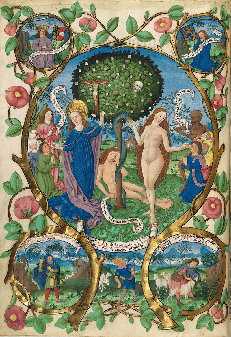 Mittelalterliche Illustration eines symbolischen Baumes in einer Gartenlandschaft. Der Baum teilt sich in zwei Hälften: Rechts der Baum des Todes mit Eva, die eine Frucht pflückt, und einem Totenschädel in der Krone. Links der Baum des Lebens mit Maria, die Hostien verteilt, und einem Kreuz mit dem Leib Christi in der Krone. Adam sitzt am Fuß des Baumes. Hostien und Früchte verteilen sich über die gesamte Baumkrone.