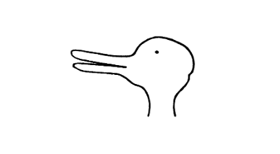 Zu sehen ist eine optische Täuschung, die Darstellung eines Enten- und Hasenkopfs. Je nach Betrachtung handelt es sich bei den Hasenohren um den Entenschnabel und umgekehrt.