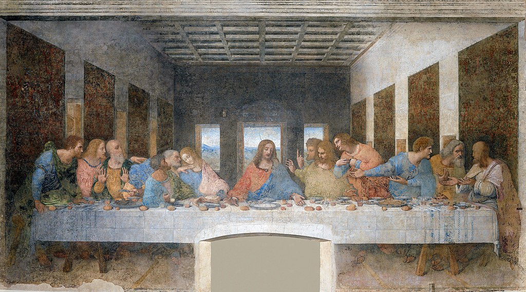 The image shows, as its framing, a room that is entirely filled across its width by a table. In the center we see Jesus seated, with six disciples on each side of him, gesturing as they speak with one another and with Jesus.