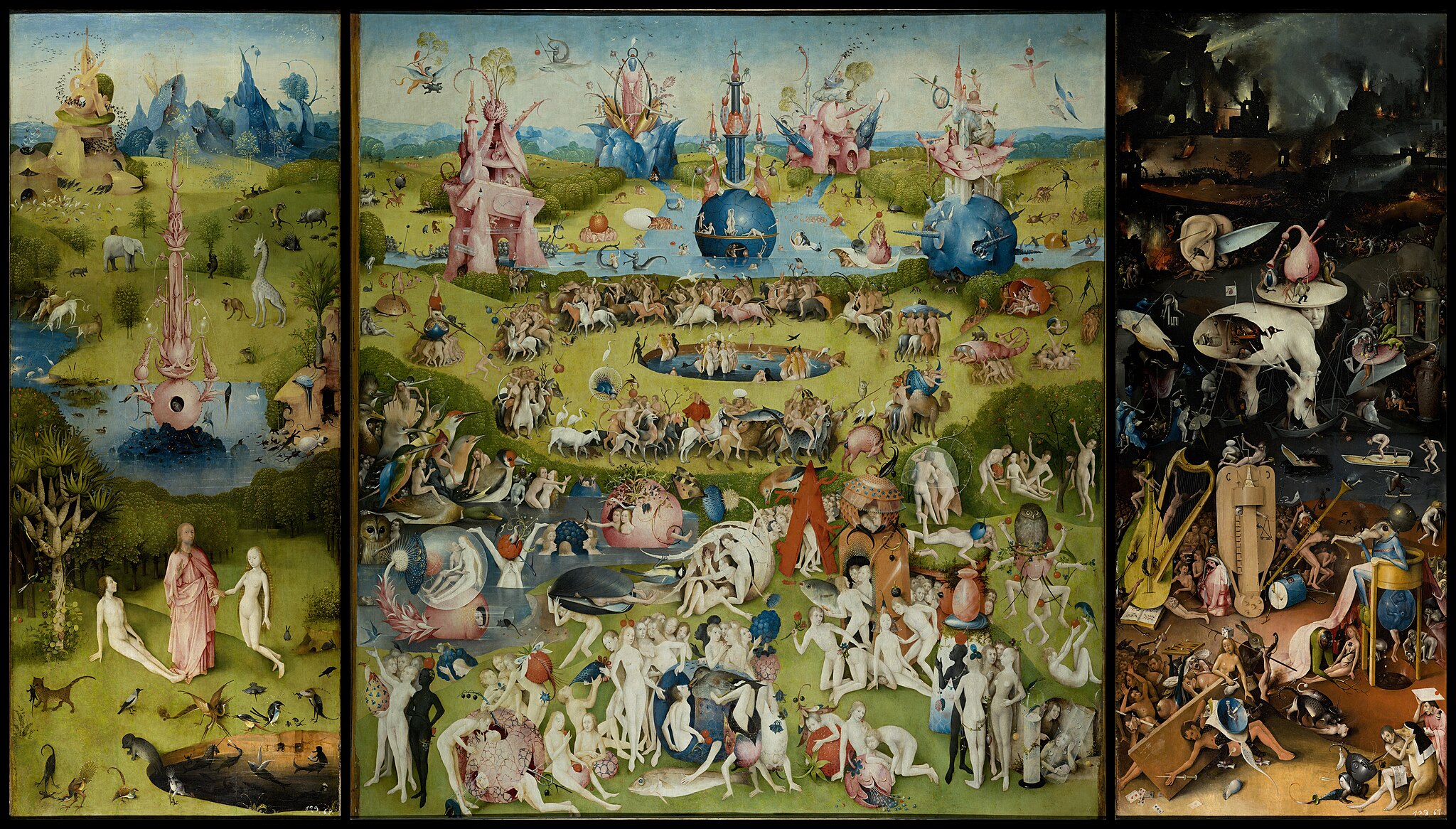 Hieronymus Bosch ist berühmt für seine fantastischen und erschreckenden Höllenbilder. Verschiedene Monster und große Körperteile stellen in diesem Bild die Angst und die Leere der Hölle dar.