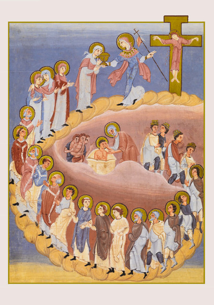 Stilisierte Darstellung einer Gruppe von Menschen, die in einer Prozession von einem Taufbecken auf ein Kreuz zugehen. An der Spitze steht eine weibliche Figur, Maria oder Ekklesia, welche einen goldenen Kelch weiterreicht und so eine Brücke zwischen den Gläubigen und dem Kreuz schlägt.