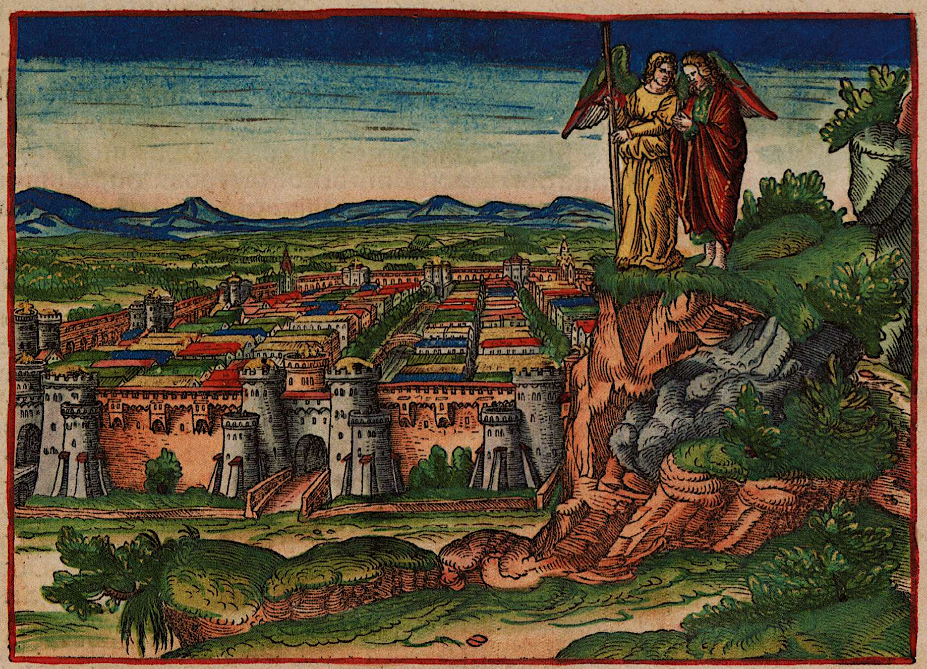 In der rechten oberen Bildhälfte befindet sich auf einem Felsen ein Engel, der dem Seher Johannes das neue Jerusalem zeigt. Dieses liegt unterhalb ihrer Füsse in der Mitte und auf der linken Seite des Bildes. Zu sehen sind Stadttore und Türme entlang der Stadtmauer sowie viele farbige Dächer innerhalb der Stadtmauer